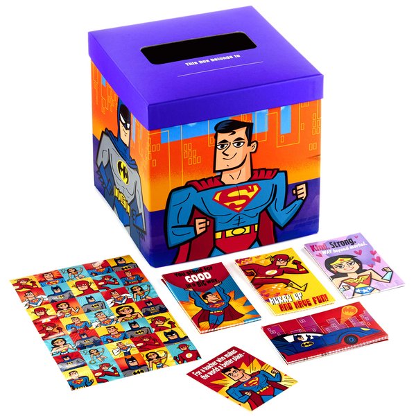 Hallmark Justice League Valentines Day Cards and Mailbox for Kids School Classroom Exchange (1 Box, 32 Valentine Cards, 35 Stickers, 1 Teacher Card)