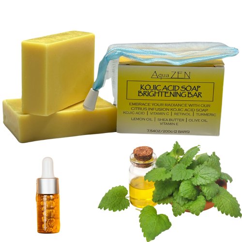 Kojic Acid Soap Lemon Turmeric Brightening Bar with Turmeric, Lemon Oil, Vitamin C+E, & Retinol | (2) BARS 3.5OZ EA + Soap Net | Premium Citrus Infused Kojic Acid Soap w/ Shea Butter & Olive Oil