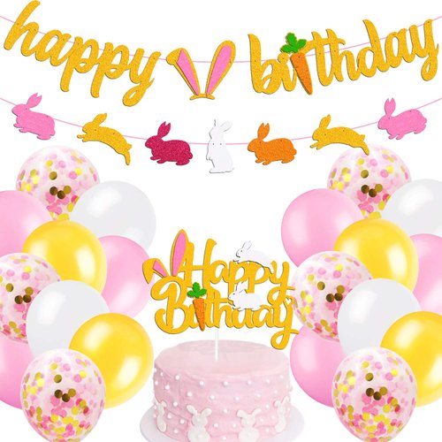 Bunny Birthday Decorations Kit Rabbit Theme Happy Birthday Banner Cake Topper Pink Gold White Latex Balloons for Children Girl 1st 2nd Bday Happy Easter Festival Spring Party Supplies