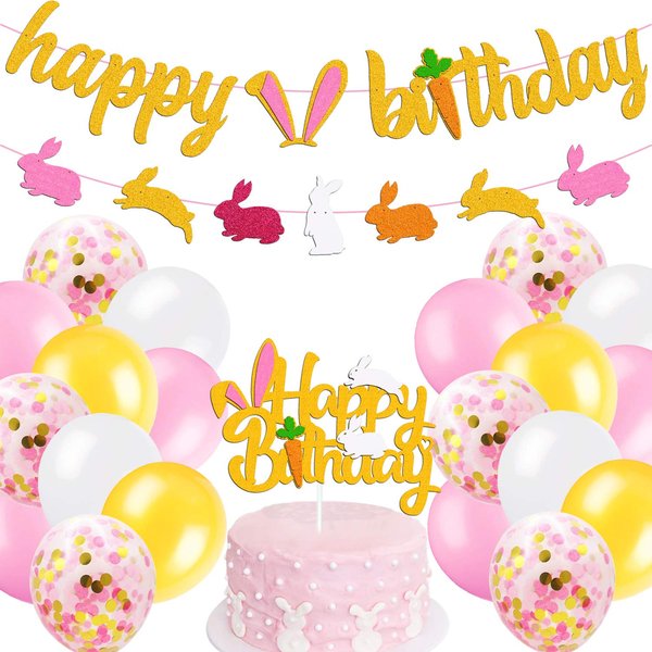 Bunny Birthday Decorations Kit Rabbit Theme Happy Birthday Banner Cake Topper Pink Gold White Latex Balloons for Children Girl 1st 2nd Bday Happy Easter Festival Spring Party Supplies