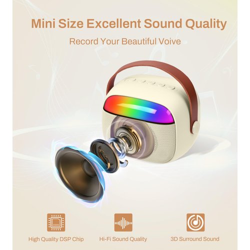 EYTSE Mini Karaoke Machine for Kids, White Mini Portable Karaoke Speaker Machine with 2 Wireless Mics and Lights for Girls Boy Ages 4,5,6,7,8,9,10,12+ Home Party