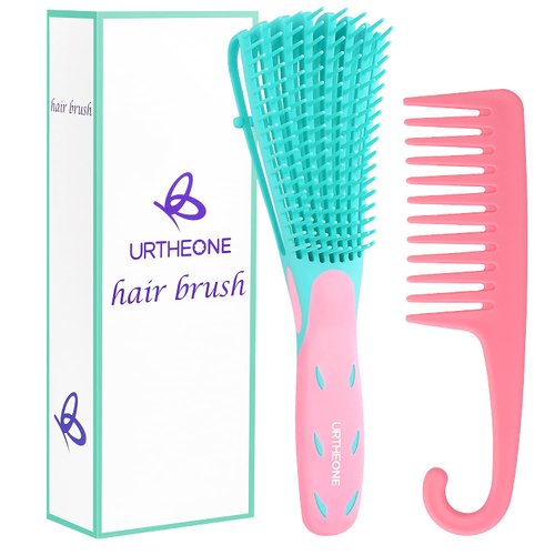Detangling Hair Brush, Detangling brush for Adults and Kids, Comb Set for Kinky Curly Coily and Wavy Hair, For Wet and Dry Hair, Afro American Type 3a-4c, Comfortable Grip, Easy to Clean(Pinkgreen)