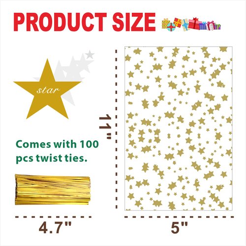LEOSINDA 100 pcs Clear 5"X 11" Flat Gift Wrap Cellophane Bags Cello Bags Cookie Bags Treat Bags with Twist Ties Poly Bag 1.3 mil for Bakery, Cookie, Candies Gold Star Printed