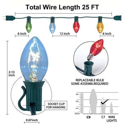 Abeja 25Ft Multicolor Christmas Lights, C7 Outdoor Christmas Light with 27 Clear Colorful Bulbs (2 Spare), Vintage Outdoor String Lights for Christmas Holiday Prom Roofline Party Wedding Decor, Green