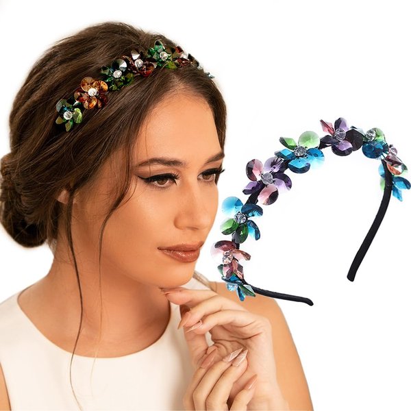 Formery Colorful Crystal Flowers Headband Black Floral Crystals Beads Hairband Party Prom Wedding Handmade Beaded Headpiece for Women and Girls