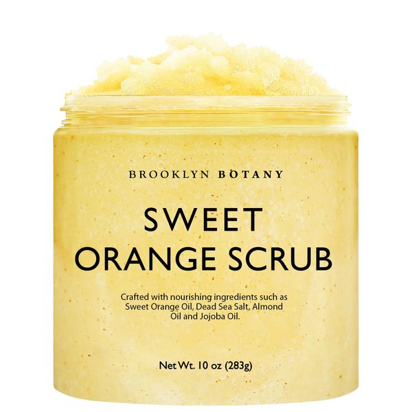 Brooklyn Botany Dead Sea Salt and Sweet Orange Body Scrub - Moisturizing and Exfoliating Body, Face, Hand, Foot Scrub - Fights Stretch Marks, Fine Lines, Wrinkles - Great Gifts for Women & Men - 10 oz