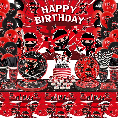 Ninja Birthday Party Decoration, Ninja Happy Birthday Backdrop, Tableware, Tablecloth and Balloons, Karate Party Ninja Warrior Master Party Supplies for Boys Girls Baby Shower, Serves 20