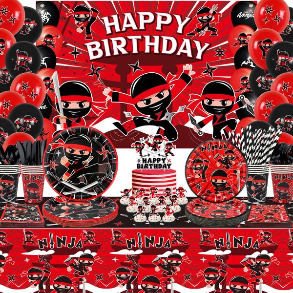 Ninja Birthday Party Decoration, Ninja Happy Birthday Backdrop, Tableware, Tablecloth and Balloons, Karate Party Ninja Warrior Master Party Supplies for Boys Girls Baby Shower, Serves 20