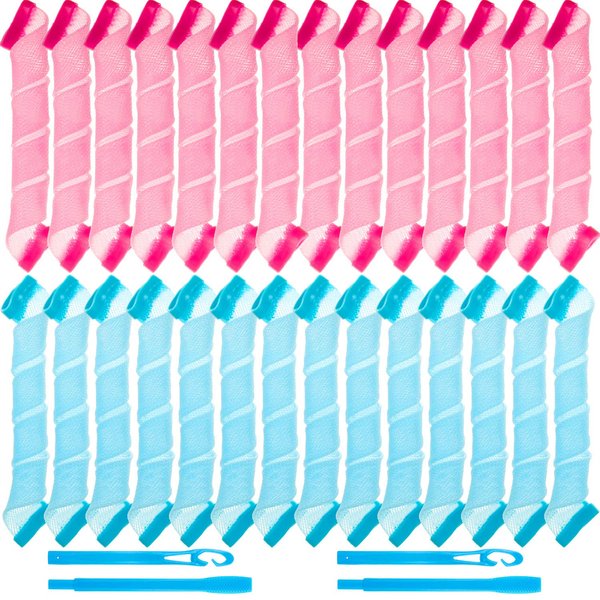 28 Pieces Heatless Curlers No Heat Spiral Curls Soft Hair Curlers Styling Kit with 2 Pieces Styling Hooks for Most Kinds of Hairstyles (Pink and Blue, 30 cm)