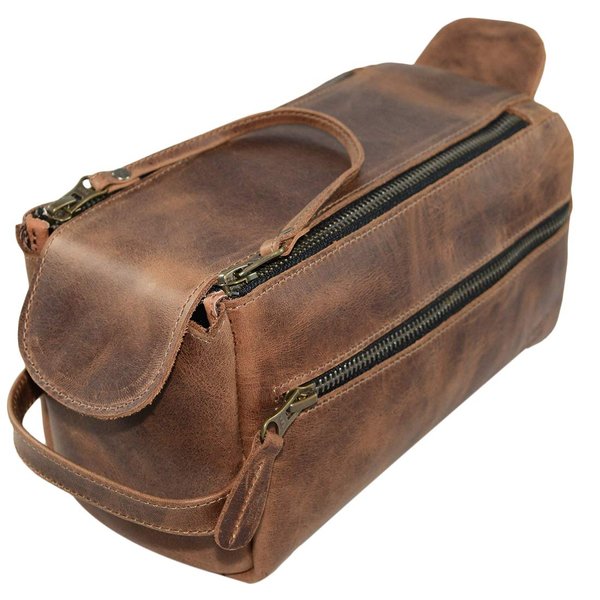 Hide & Drink, Toiletry Bag w/Handles, Hygiene Organizer, Travel Dopp, Razor Case, Bathroom, Shaving, Cosmetic Storage, Travel & Grooming Essentials, Full Grain Leather, Handmade, Bourbon Brown