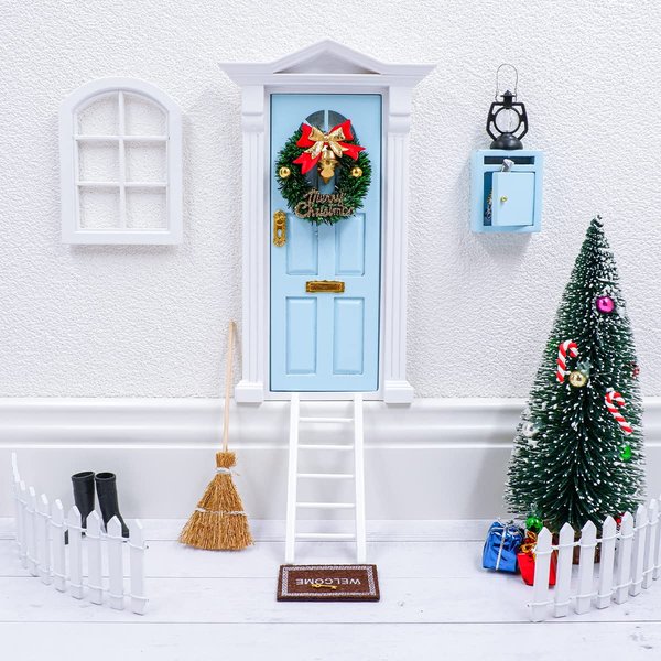 CAILESS Dollohouse Door Kit - 19pcs Miniature Fairy Door with Christmas Tree and Christmas Mini Accesories Wooden Door Christmas Dollhouse Furniture DIY Craft Gift for Kids (Blue)