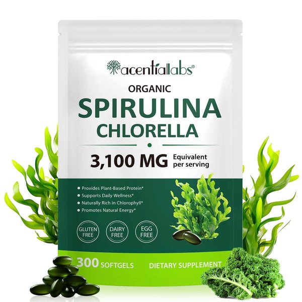 NIFEISHI Organic Spirulina Capsules, 3100MG Per Serving, Spirulina Chlorella Powder Supplement, Green Algae Supplement Rich in Chlorophyll, Vegan & High Protein Non GMO, Superfood 300 Capsules
