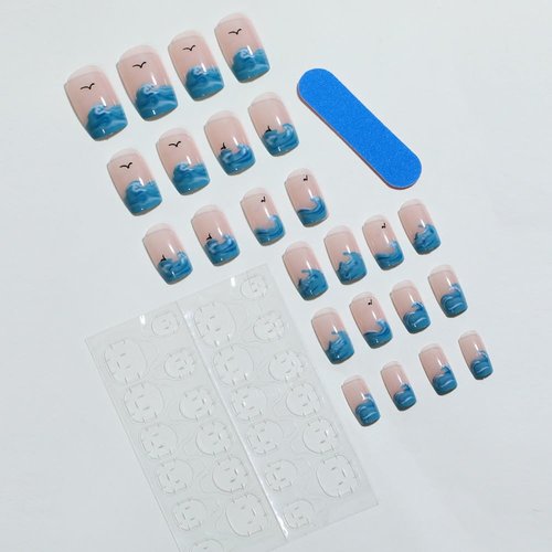 ANDGING French Tip Press on Nails Short Square Blue Fake Nails Glue on Nails with Sea Wave Cartoon Design Manicure Acrylic False Nails with Glue Full Cover Gel Stick on Nail for Wedding Birthday CDL5