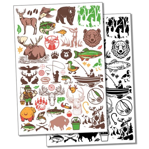 Outdoors Animals Hunting and Fishing Temporary Tattoo Water Resistant Fake Body Art Set Collection - Black (One Sheet)
