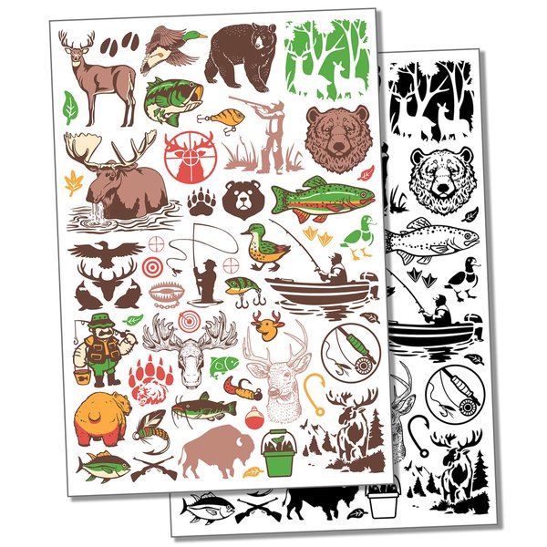 Outdoors Animals Hunting and Fishing Temporary Tattoo Water Resistant Fake Body Art Set Collection - Black (One Sheet)
