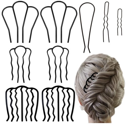 9 Pieces Hair Side Combs Metal Teeth Hair Fork Clip Stick for Updo Bun U Shape Hair Combs for Vintage Hairstyle Hair Accessories for Women and Girls, Black