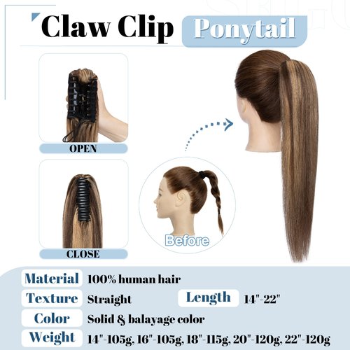 SEGO Claw Clip Ponytail Extension Human Hair Clip in Ponytail Hair Extensions 100% Real Human Hair Pony Tails Hair Extensions Long Straight For Women 14 Inch Medium Brown&Dark Blonde 105 Gram