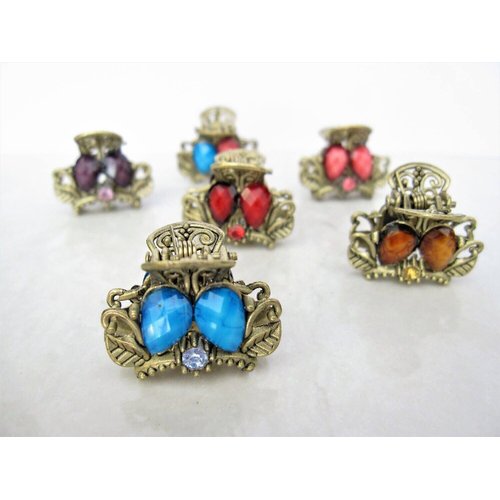 small mini metal leaf shaped jeweled antique style bronze hair claw clip (Primary color: Brown)