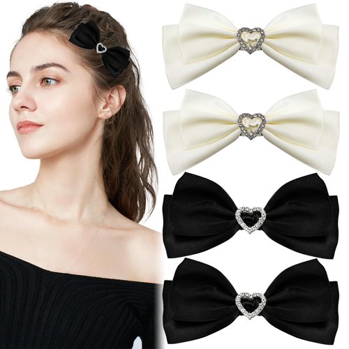 4 PACK Valentine's Satin Hair Bow Clips, Heart Rhinestone Styling Bow Barrettes Handmade Bowknot Hairpins Hair Accessories for Women Girls (Black+White)