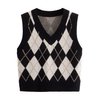SweatyRocks Women's Plaid Geo Sleeveless V Neck Knit Crop Top Sweater Vest Black Beige M