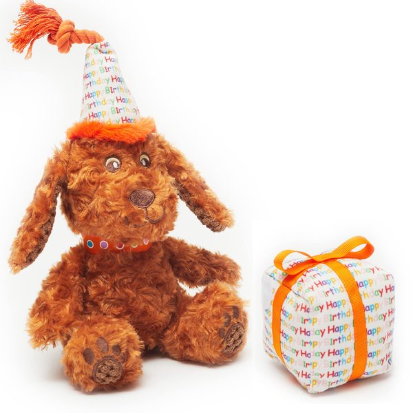 Pet London Happy Birthday Dog Toy - 2 Toys in 1-Plush Dog and Detachable Present- Celebrate Dog's Bday or Adoption - Soft Gift for Dog or Pup with Birthday Message, Squeaky, Great Animal Gift