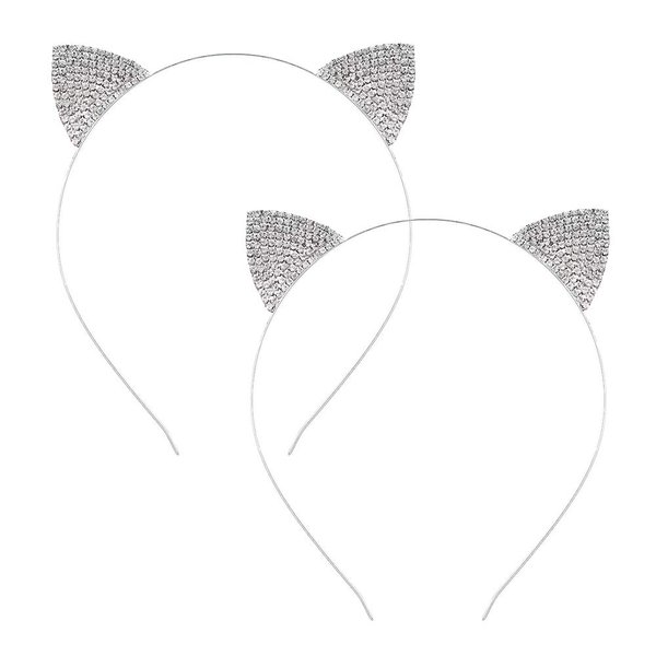 2 Pcs Cat Ears Headband Halloween Rhinestone Kitty Hair Hoops Crystal Cat Kitten Ears Headpiece Hairband Hair Bands Women Christmas Party Decoration Cosplay Costume Handmade Cute Hair Accessories
