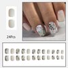 24 Pcs Acrylic Press on Nails Square Short False Nails with Glue Spring Fake Nails with Flower Green Leaf Preppy Nails Press ons Glossy Glue on Nails Full Cover Stick on Nails Floral Nails for Women