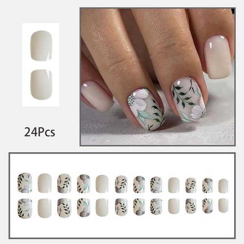 24 Pcs Acrylic Press on Nails Square Short False Nails with Glue Spring Fake Nails with Flower Green Leaf Preppy Nails Press ons Glossy Glue on Nails Full Cover Stick on Nails Floral Nails for Women