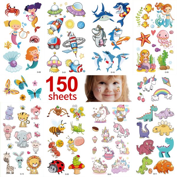 Metker Waterproof Temporary Tattoos | 150 Sheets, 1700 Different Designs | Temporary Tattoo Sheets for Kids | Safe for Face and Body | Goody Bag Favor for Parties | Variety Theme Pack