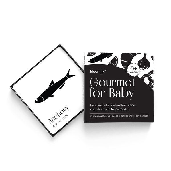 Gourmet for Baby High Contrast Sensory Learning Toy 10 Black & White Flash Cards of Food Shapes. Tummy Time Pillow Games Curious Baby Toys Activity Infant & Newborn Essentials 0+ Months