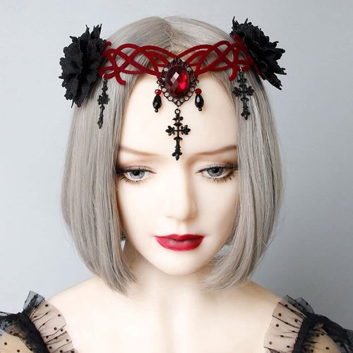 GORTIN Gothic Headpiece Black Vampire Head Chain Halloween Headbands Cystal Head Jewelry Cross Pendant Headpiece Masquerade Cosplay Headress for Witcher Makeup Ball Party for Women