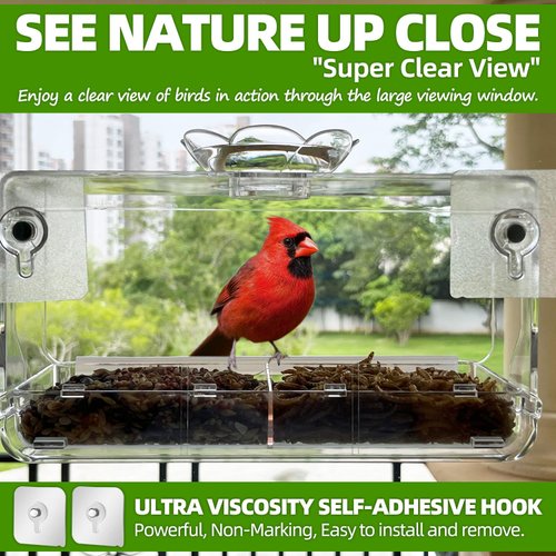 WENMIXER Window Bird Feeder with Non-Marking Self-Adhesive Hooks, Clear Window Bird Feeder for Outside, Transparent Bird House, Outdoor Bird Feeders, Wild Bird Watching Gift, Garden Decor