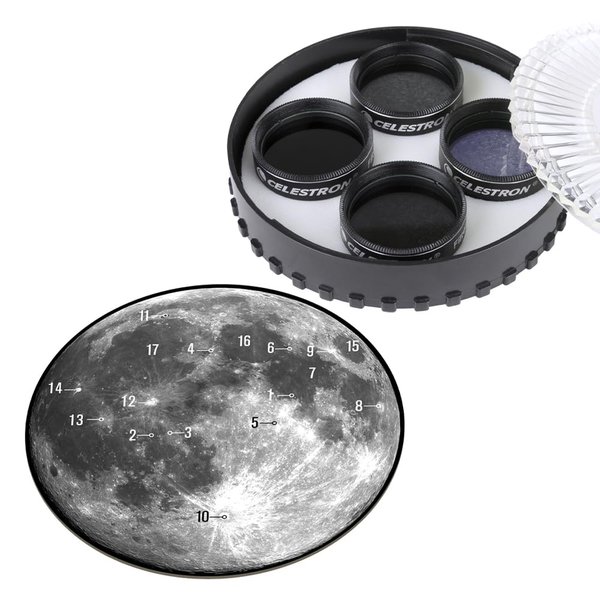 Celestron – Moon Filter Kit – Fits 1.25" Telescope Eyepieces – Includes 3 Varying Neutral Density Moon Filters, Sky Glow Filter & Moon Map – Perfect Accessory for Moon Viewing