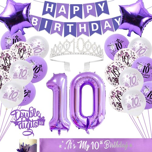 Purple 10th Birthday Decorations for Girls, Includes Happy Birthday Banner, Balloons, Silver Crown, Lavender Glitter Double Digits 10 Cake Topper and It’s my 10th Birthday Sash, 10th Birthday Gifts