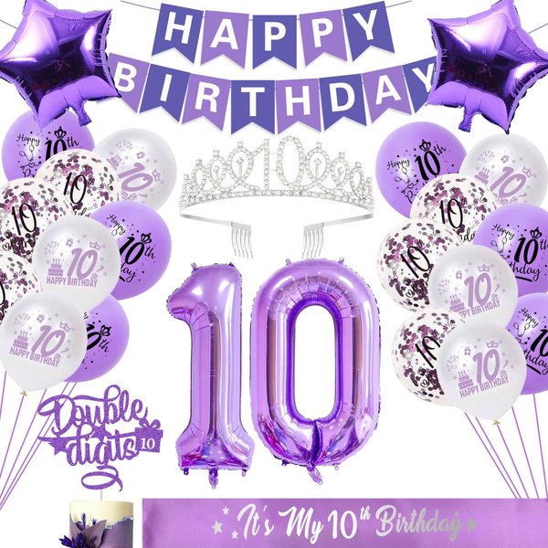 Purple 10th Birthday Decorations for Girls, Includes Happy Birthday Banner, Balloons, Silver Crown, Lavender Glitter Double Digits 10 Cake Topper and It’s my 10th Birthday Sash, 10th Birthday Gifts