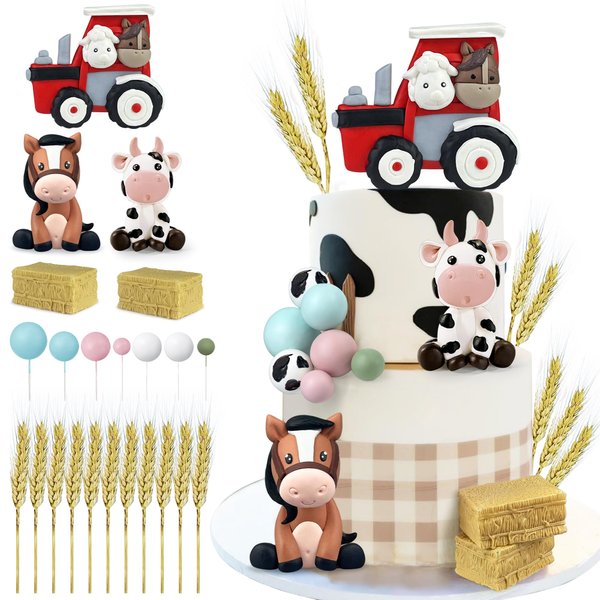 22 PCS Farm Cake Topper Cow Horse Farm Tractor Cake Decorations for Baby Shower Cow Themed Girls Boys Birthday Party Decorations Supplies (Tractor Farm)