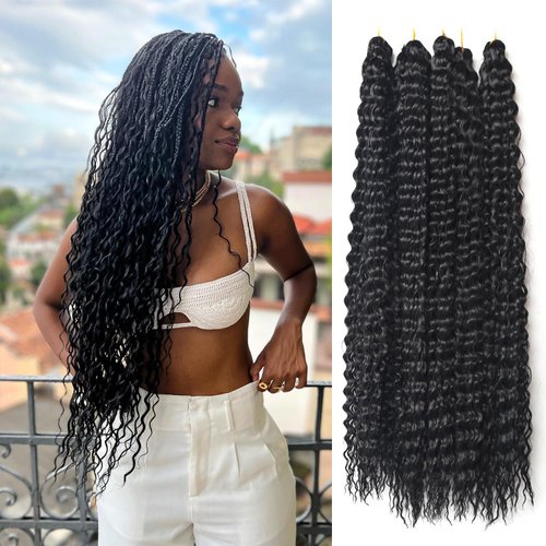 BLL Curly Braiding Hair For Boho Braids Ocean Wave Crochet Hair Human Hair Blend 5 Packs Deep Wave Long Wavy Braiding Synthetic Hair Extensions For Black Women (30 Inch(Pack of 5), 1B)