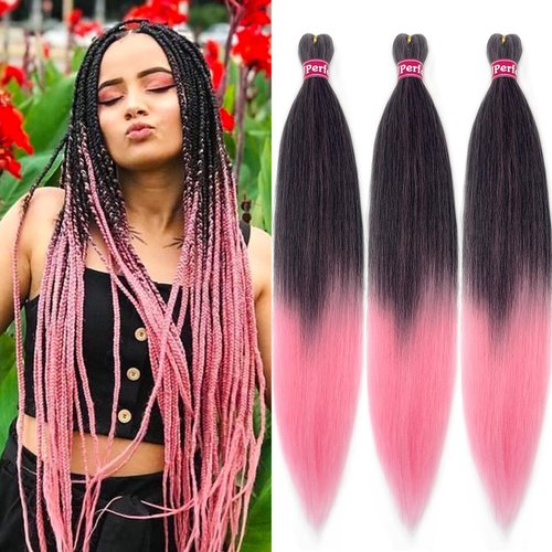 Ombre Pink Braiding Hair Pre Stretched Kanekalon Knotless Prestretched Braiding Hair 26 inch Colored Hair Extensions for Braiding Pre Stretched Micro Braids Itch Free Yaki Short Braiding Hair Ombre