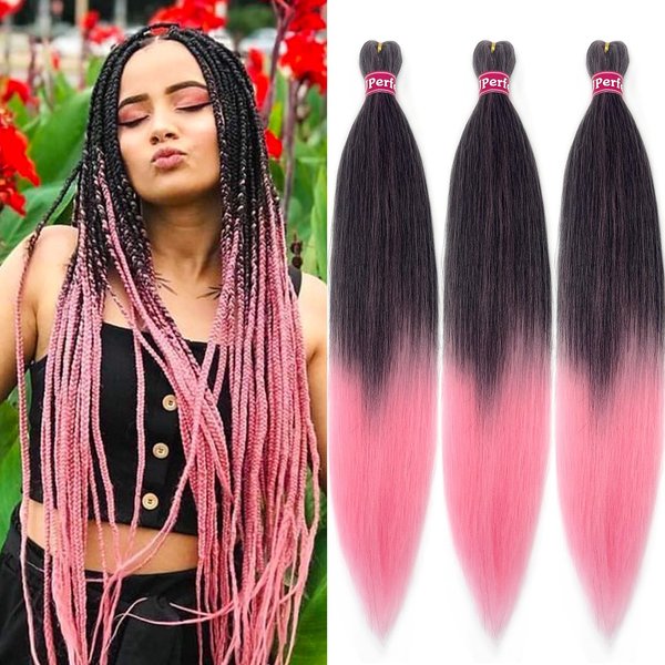 Ombre Pink Braiding Hair Pre Stretched Kanekalon Knotless Prestretched Braiding Hair 26 inch Colored Hair Extensions for Braiding Pre Stretched Micro Braids Itch Free Yaki Short Braiding Hair Ombre