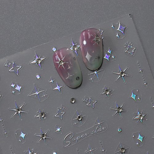 Star Nail Stickers for Nail Art, 5D Embossed Diamond Nail Decals Laser Star Nail Art Stickers Shiny Silver Stars Nail Art Design Decals Self-Adhesive Star Nail Tips for Manicure Decoration Supplies