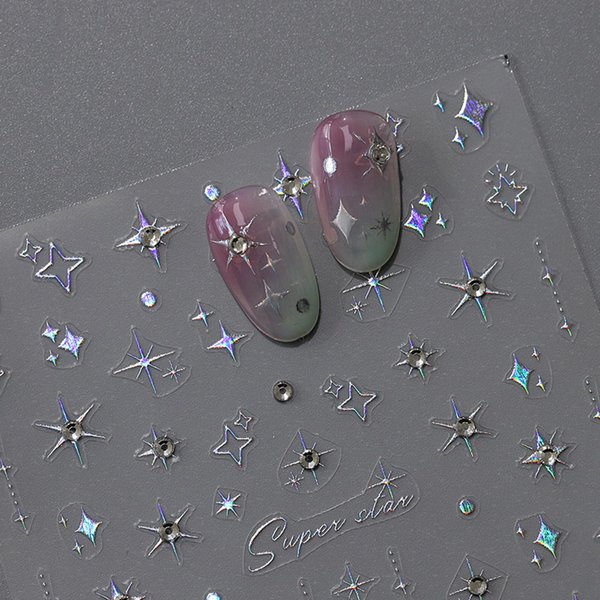Star Nail Stickers for Nail Art, 5D Embossed Diamond Nail Decals Laser Star Nail Art Stickers Shiny Silver Stars Nail Art Design Decals Self-Adhesive Star Nail Tips for Manicure Decoration Supplies