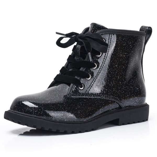 FITORY Girls Glitter Ankle Boots, Lace Up Waterproof Combat Shoes With Side Zipper for Little Kid/Big Kid Black Gypsophila Size 12