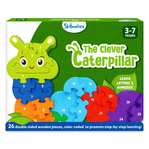 Skillmatics Wooden Puzzle - The Clever Caterpillar, 26 Pieces, 2 Puzzles in 1, Learn Letters & Numbers, Gifts for Boys & Girls Ages 3, 4, 5, 6, 7