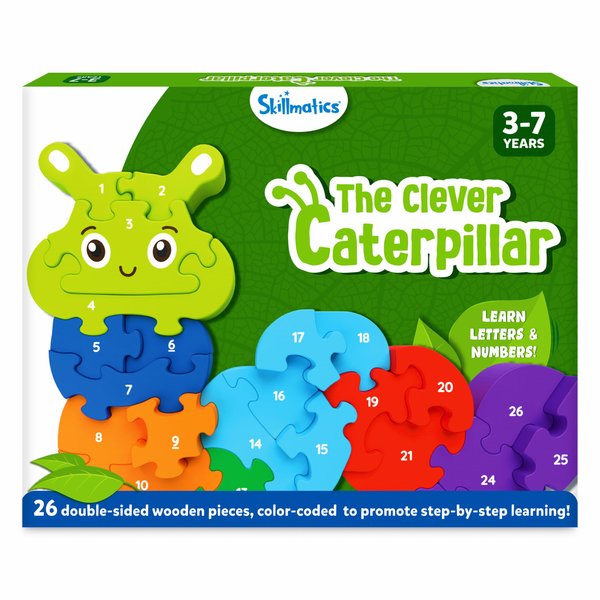 Skillmatics Wooden Puzzle - The Clever Caterpillar, 26 Pieces, 2 Puzzles in 1, Learn Letters & Numbers, Gifts for Boys & Girls Ages 3, 4, 5, 6, 7