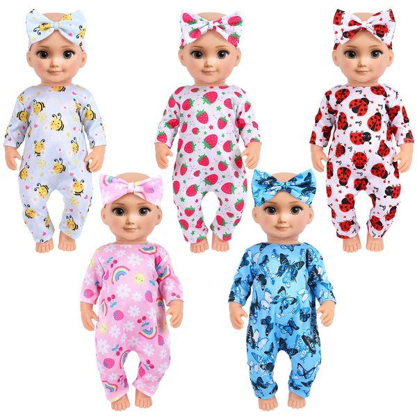UPINS 5 Sets Baby Doll Clothes-New Born Baby Doll Accessorie and Headbands for 16-18 Inch New Born Baby Doll 10 PCs Baby Doll Clothes Dresses Outfits Pjs Jumpsuits