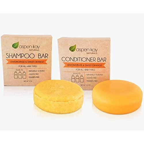 Shampoo and Conditioner set, Solid bars, Organic Ingredients, All Hair Types, Sulfate-Free, Cruelty-Free & Vegan. One 3 ounce and one 2.3 ounce bars (Lemongrass & Sweet Orange)