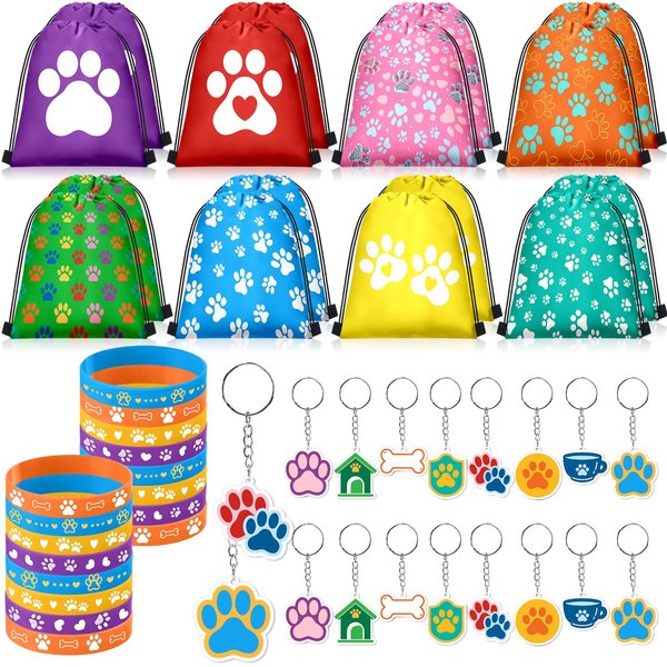 Talltalk 48 Pcs Paw Dog Party Supply Puppy Dog Party Favor Set 16 Paw Print Drawstring Bags Gift Goodie Bags 16 Paw Wristband Rubber Bracelet 16 Patrol Keychain for Puppy Birthday Party Favor Boy Girl