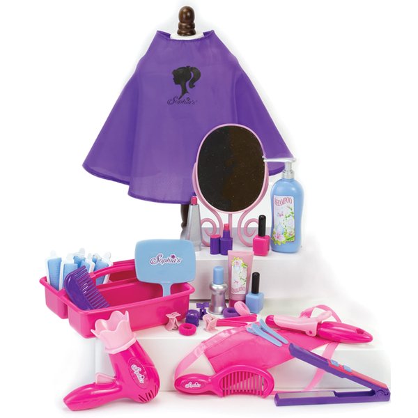 Sophia's Hair Salon Complete 30 Piece Set with Styling Tools, Hair Ties, Brush, Mirror, Blow Dryer, Salon Cape and More for 18" Dolls, Pink/Purple