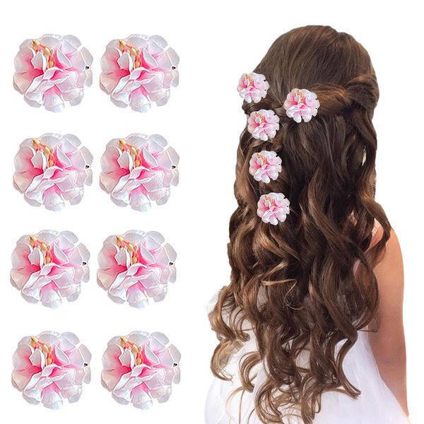 Paderison 8Pcs Pink Flower Hair Clips for Teens Small Hair Clips Mini Hawaiian Hair Clips Sweet Side Clips Chiffon Hair Barrettes Hair Pins Hair Accessories for Women