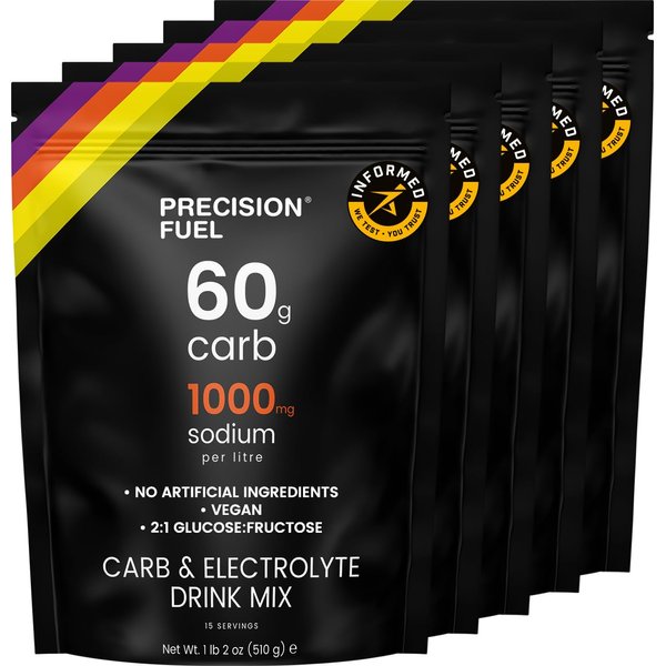 Precision Fuel PF 60 Carb & Electrolyte Drink Mix Powder for Hydration & Energy - Endurance Sports Nutrition, Vegan, Hypotonic - 60g Carb, 1000mg Sodium per Litre - Mild Citrus Flavor, 5-pack